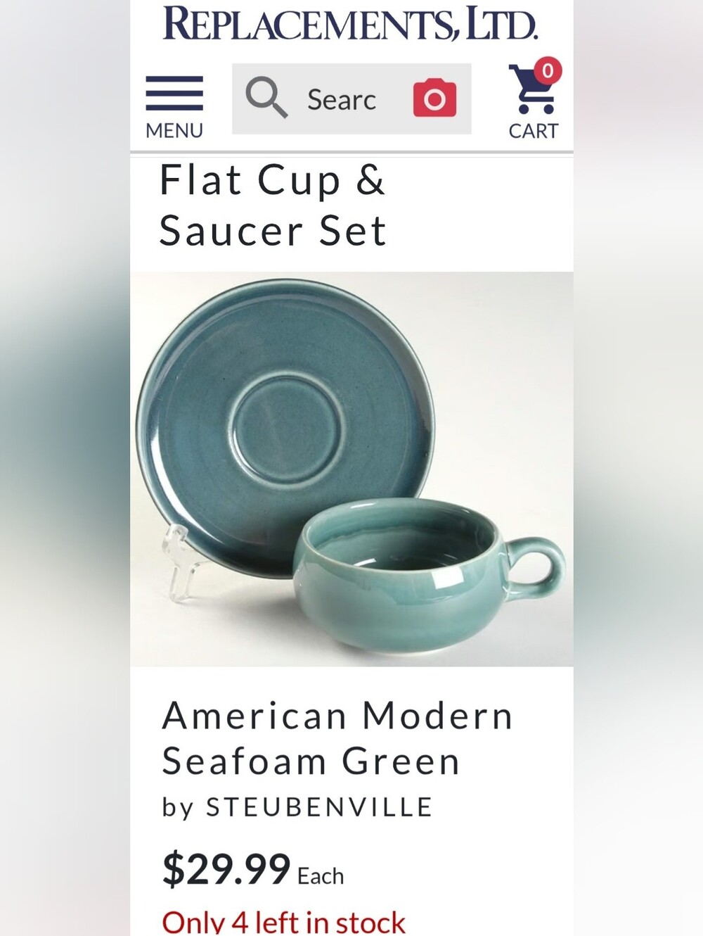 Vntg "American Modern Seafoam" Russel Wright Flat Cup & Saucer by STEUBENVILLE